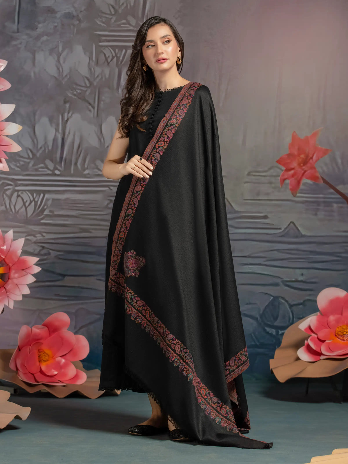 EDENROBE-Pashmina Jacquard Zari Shawl - EWMS5-039