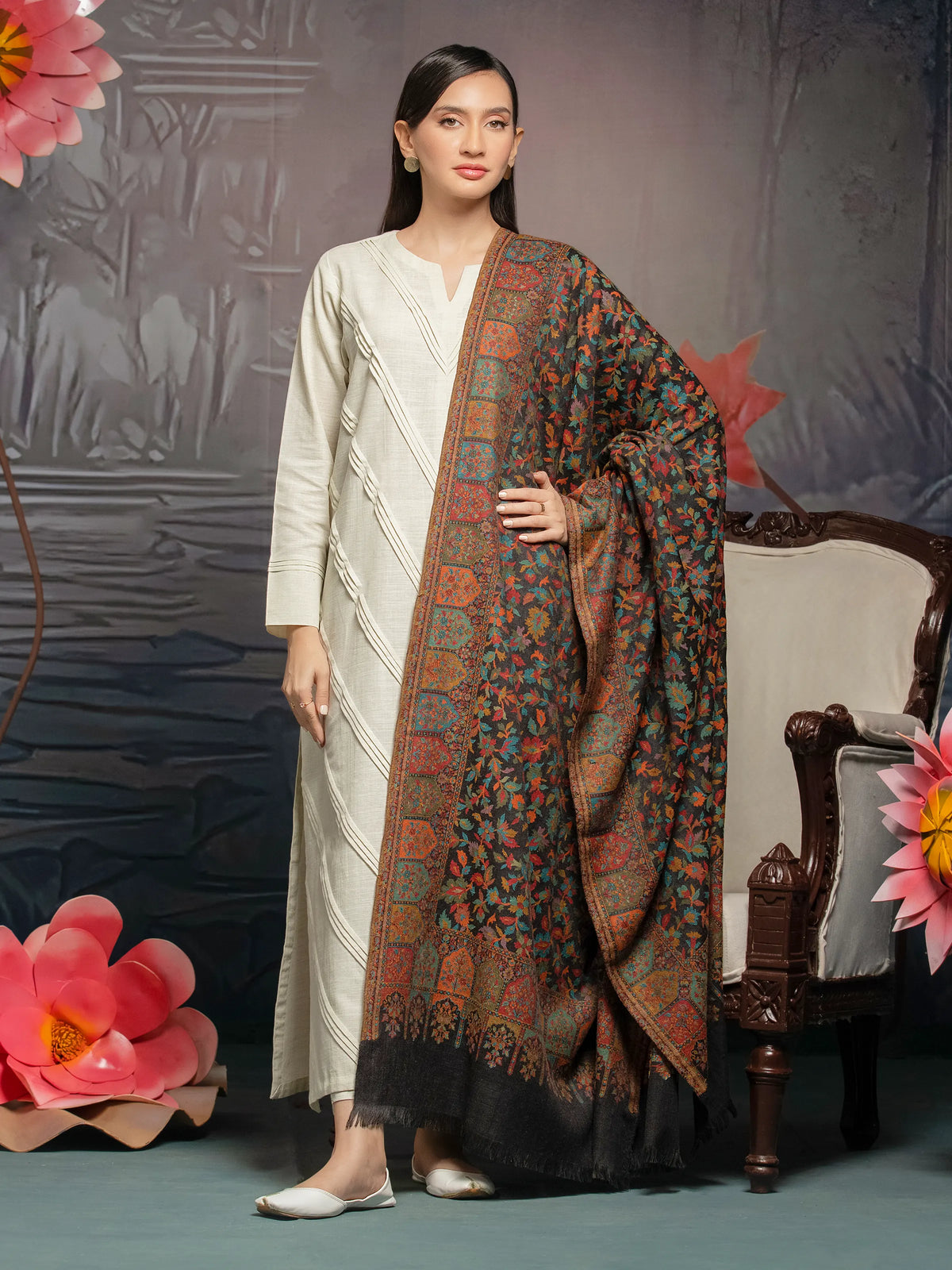 EDENROBE-Pashmina Jacquard Zari Shawl - EWMS5-031