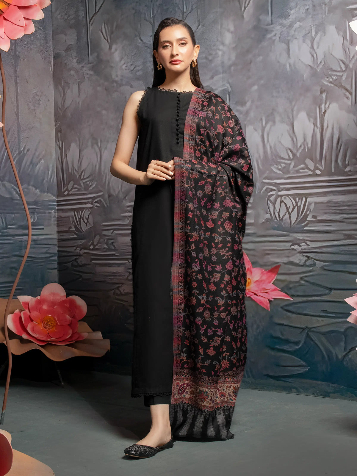 EDENROBE-Pashmina Jacquard Zari Shawl - EWMS5-038