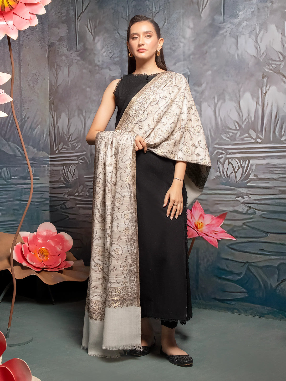 EDENROBE-Pashmina Jacquard Zari Shawl - EWMS5-001
