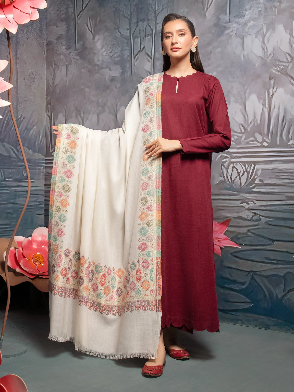 EDENROBE-Pashmina Jacquard Zari Shawl - EWMS5-003
