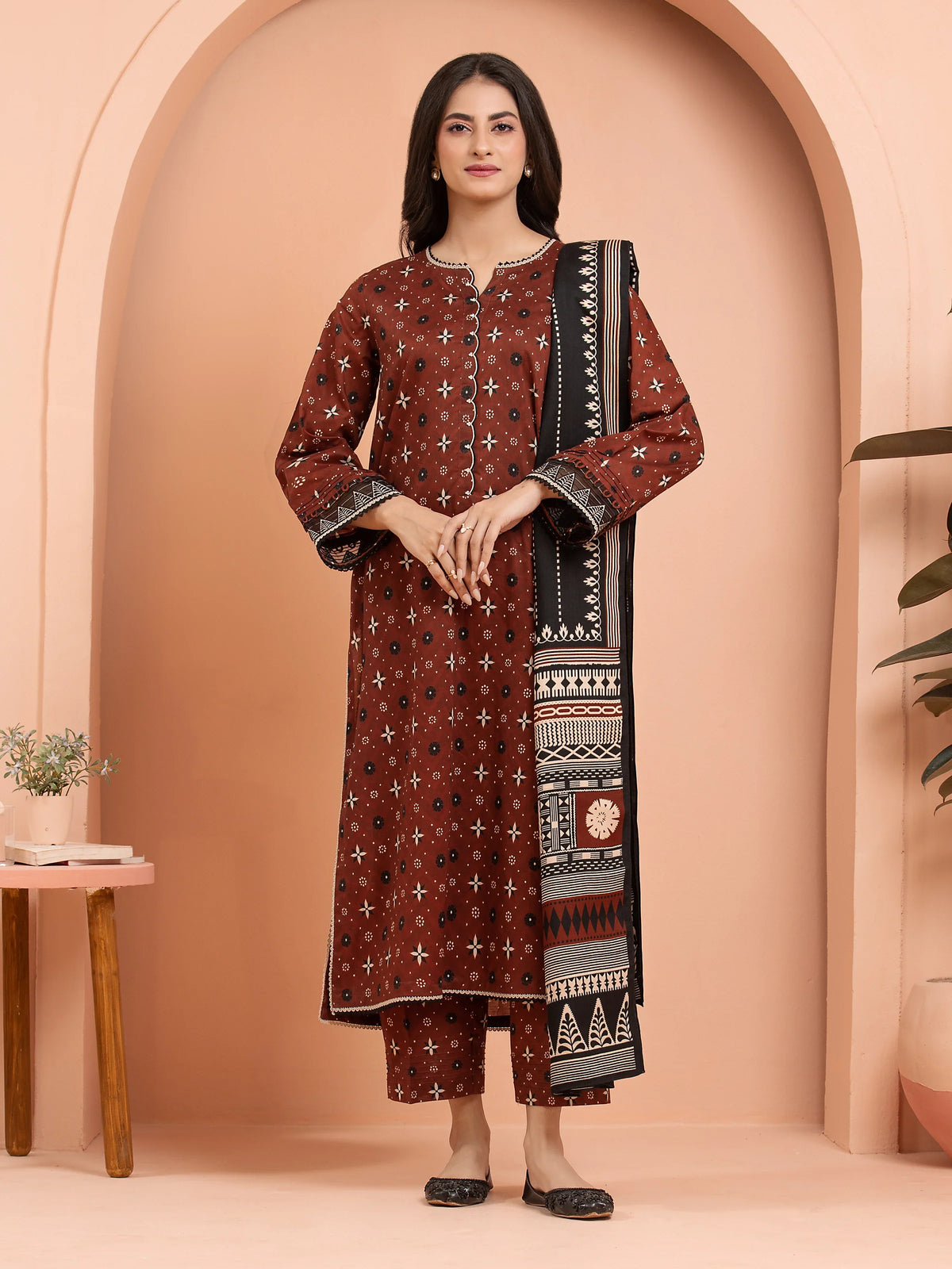 EDENROBE-M3-076-Unstitched Chocolate Brown Printed Khaddar 3 Piece