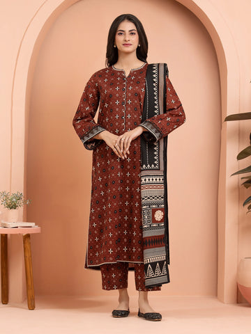 EDENROBE-M3-076-Unstitched Chocolate Brown Printed Khaddar 3 Piece