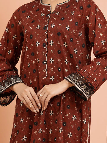 EDENROBE-M3-076-Unstitched Chocolate Brown Printed Khaddar 3 Piece