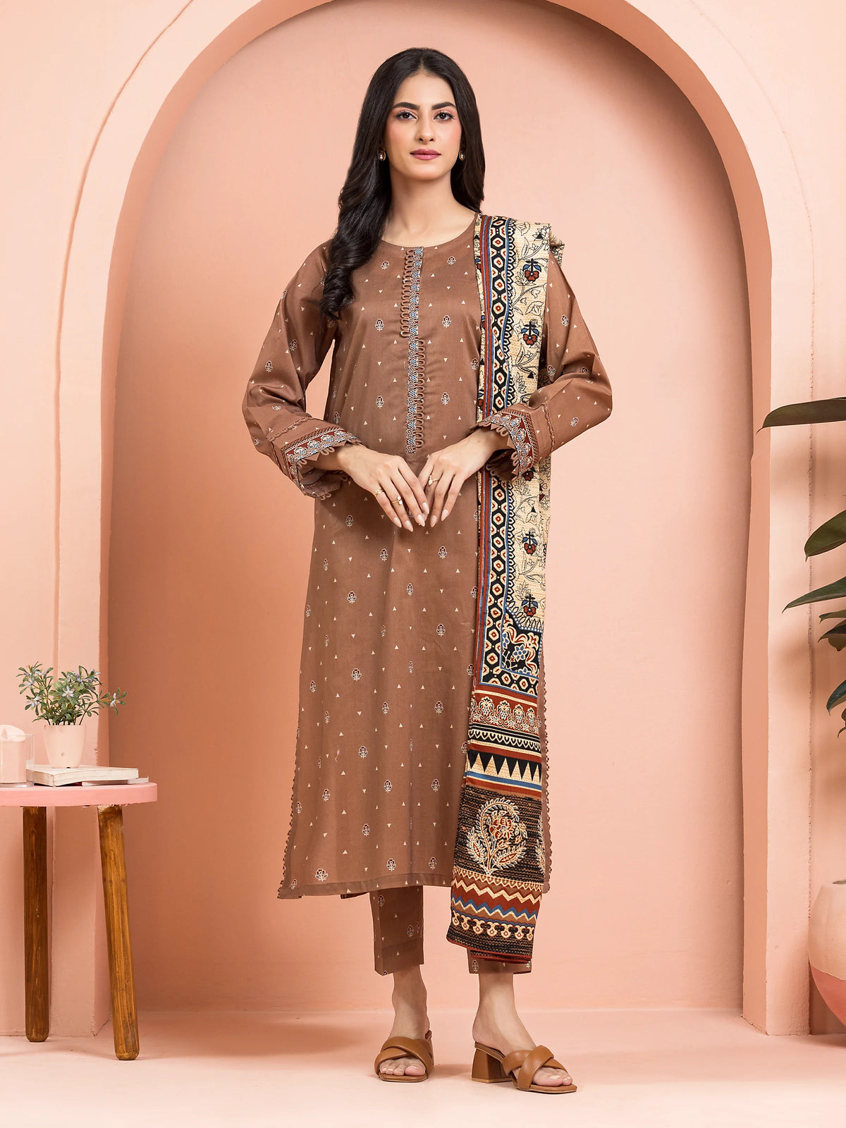 EDENROBE-M3-081-Unstitched Brown Printed Khaddar 3 Piece