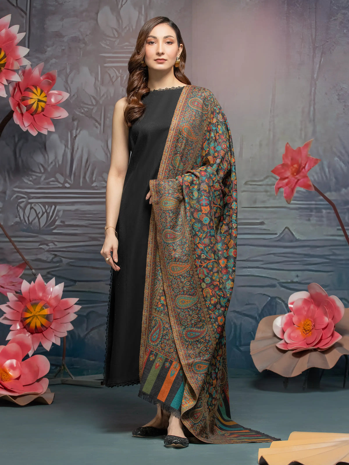 EDENROBE-Pashmina Jacquard Zari Shawl - EWMS5-037