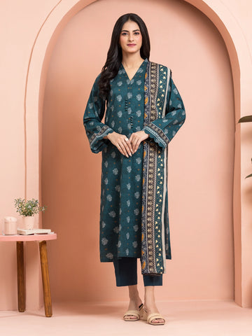 EDENROBE-M3-119-Unstitched Teal Printed Khaddar 3 Piece -