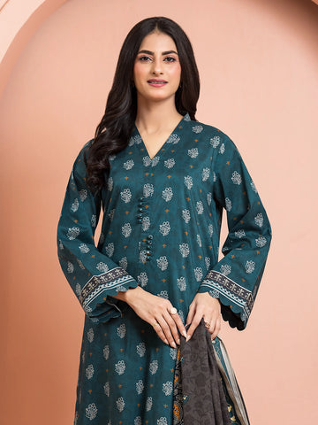 EDENROBE-M3-119-Unstitched Teal Printed Khaddar 3 Piece -