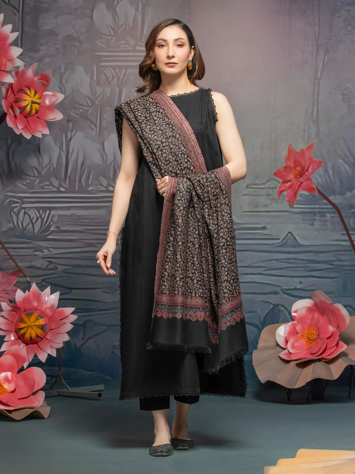 EDENROBE-Pashmina Jacquard Zari Shawl - EWMS5-032