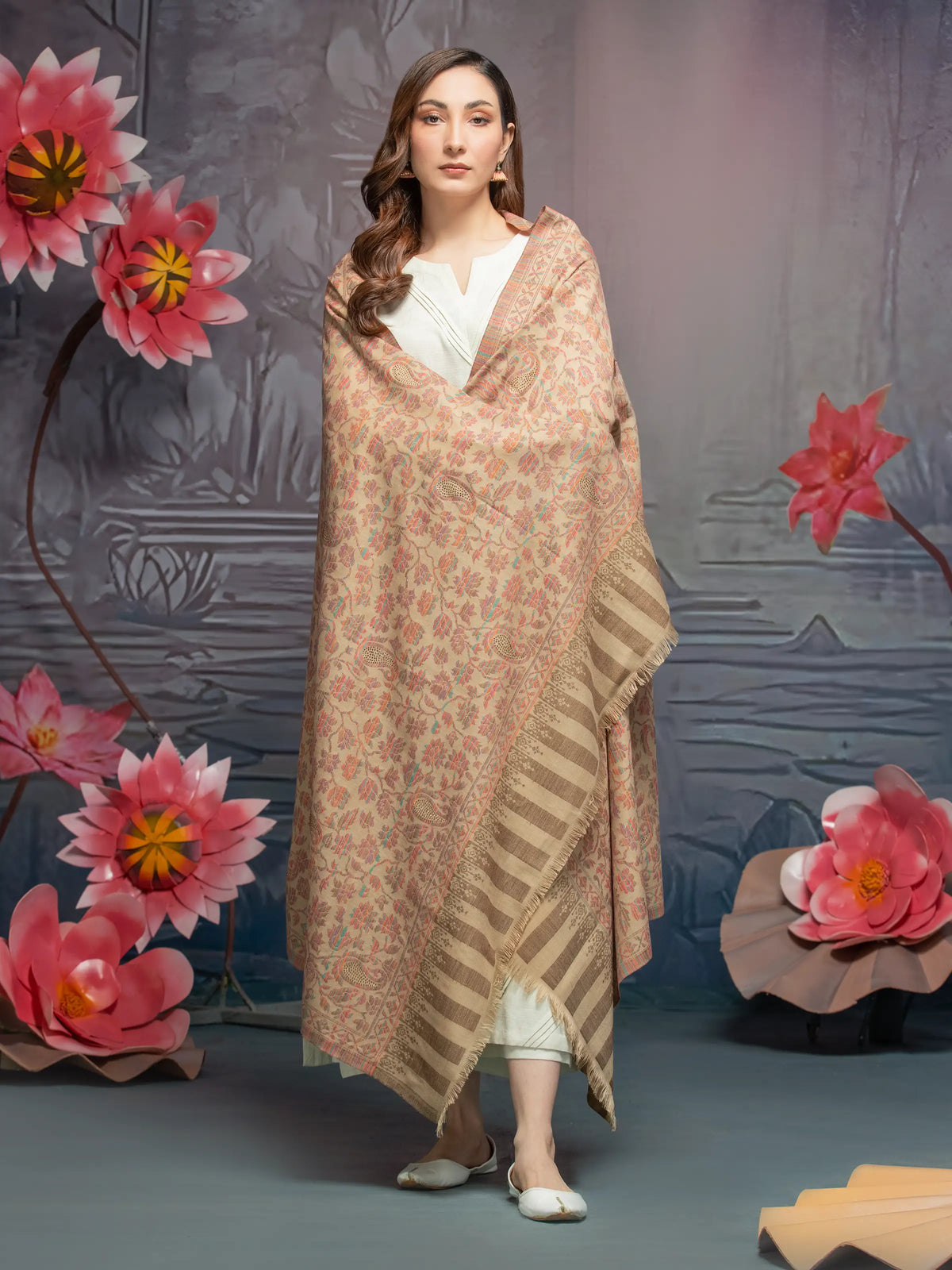 EDENROBE-Pashmina Jacquard Zari Shawl - EWMS5-017