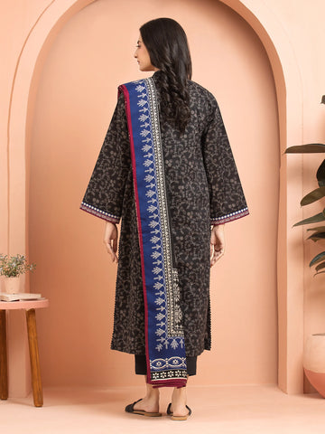 EDENROBE-M3-105-Unstitched Black Printed Khaddar 3 Piece