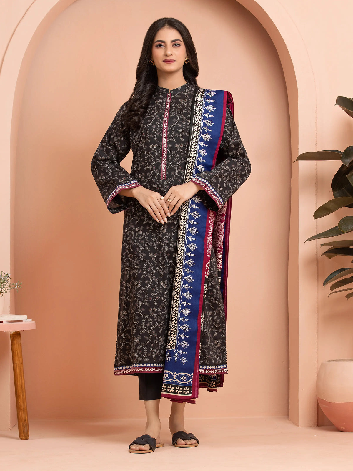 EDENROBE-M3-105-Unstitched Black Printed Khaddar 3 Piece