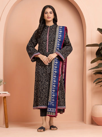 EDENROBE-M3-105-Unstitched Black Printed Khaddar 3 Piece