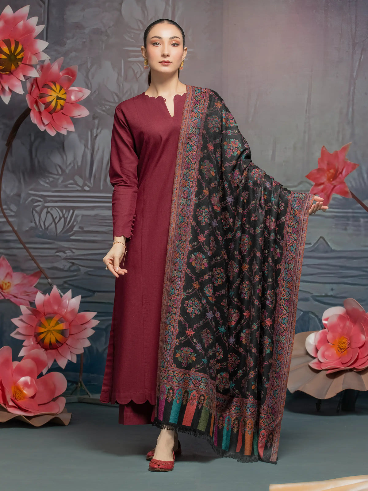 EDENROBE-Pashmina Jacquard Zari Shawl - EWMS5-040