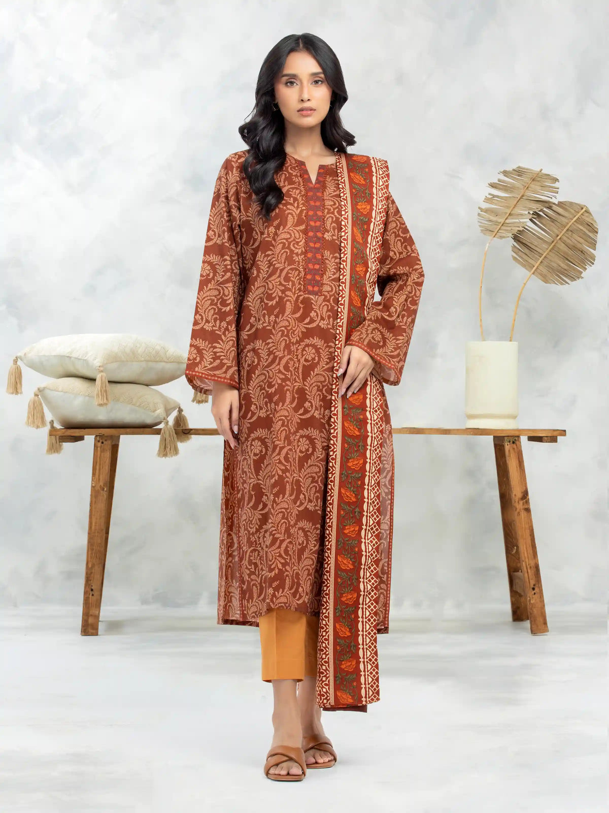 EDENROBE-M3-104-Unstitched Brown Printed Khaddar 3 Piece