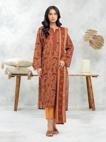 EDENROBE-M3-104-Unstitched Brown Printed Khaddar 3 Piece