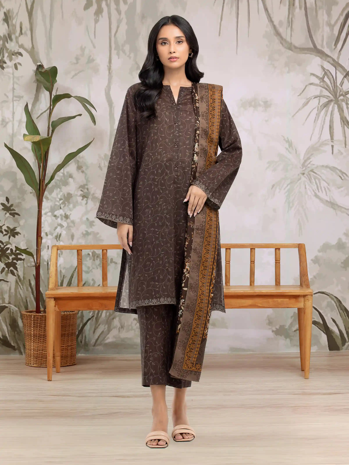EDENROBE-M3-083-Unstitched Dark Brown Printed Khaddar 3 Piece