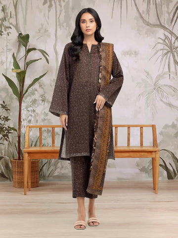 EDENROBE-M3-083-Unstitched Dark Brown Printed Khaddar 3 Piece