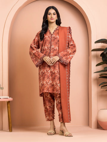 EDENROBE-30257-Unstitched Peach Embroidered Marina Twill 3 Piece