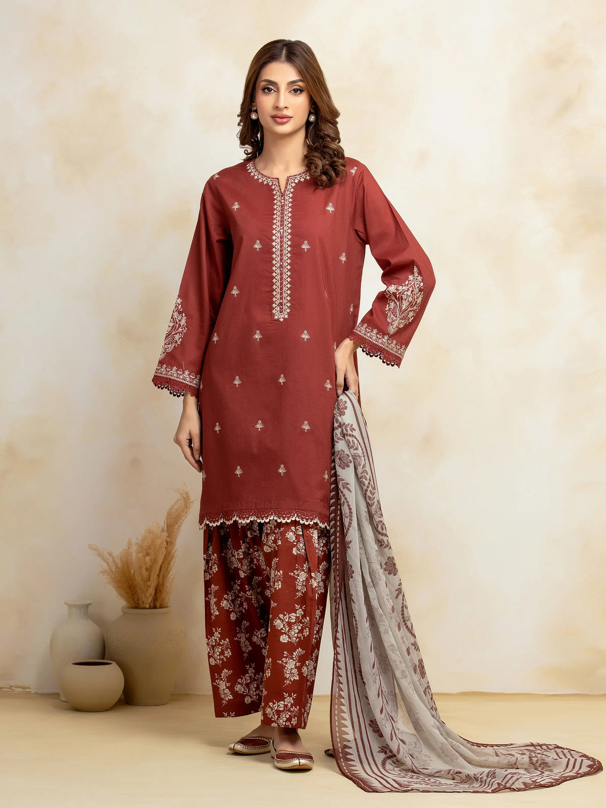 EDENROBE-31037-Unstitched Dark Rust Embroidered Cambric 3 Piece