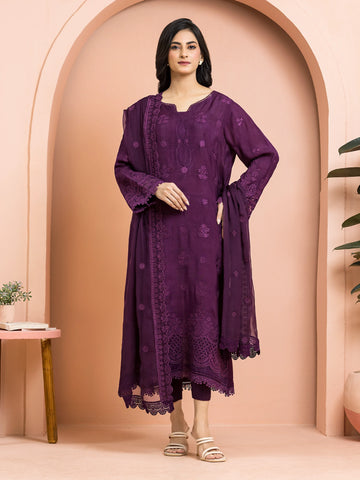 EDENROBE-30015-Unstitched Purple Embroidered Raw Silk 3 Piece -