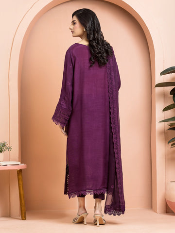 EDENROBE-30015-Unstitched Purple Embroidered Raw Silk 3 Piece -