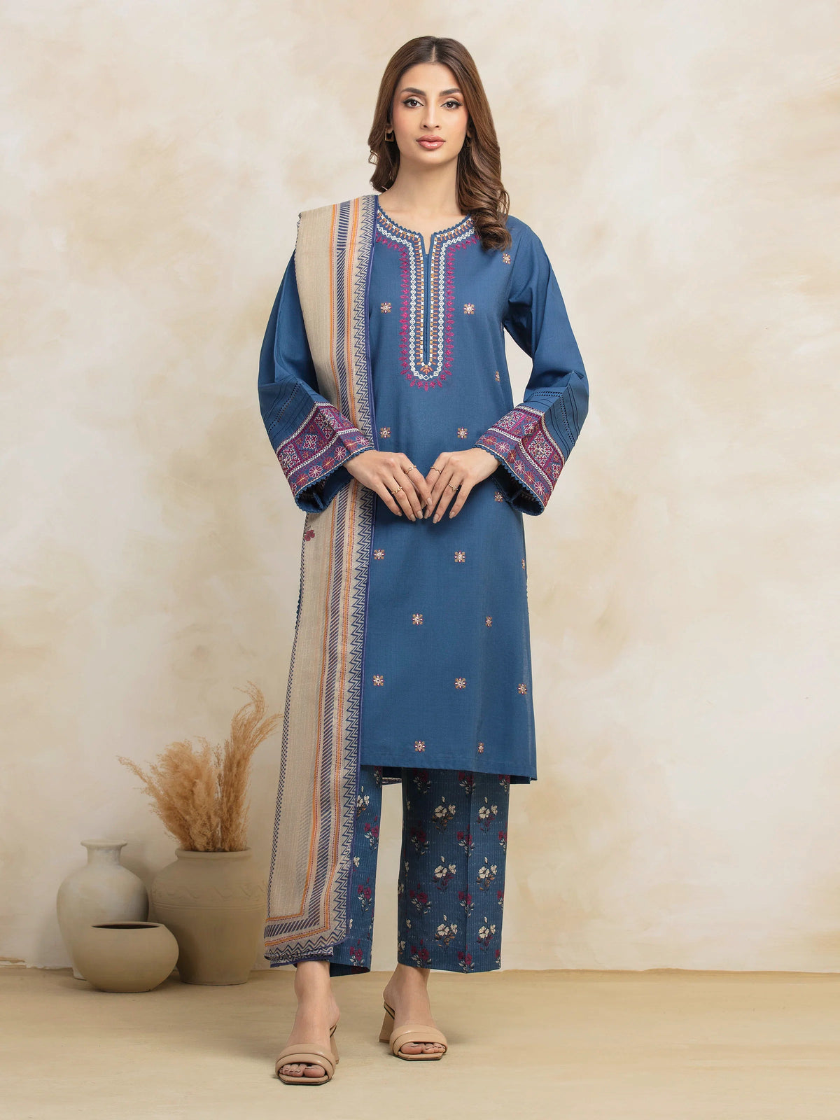 EDENROBE-31036-Unstitched Blue Embroidered Cambric 3 Piece -