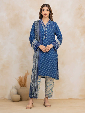 EDENROBE-30378-Unstitched Blue Embroidered Raw Silk 3 Piece