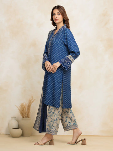 EDENROBE-30378-Unstitched Blue Embroidered Raw Silk 3 Piece