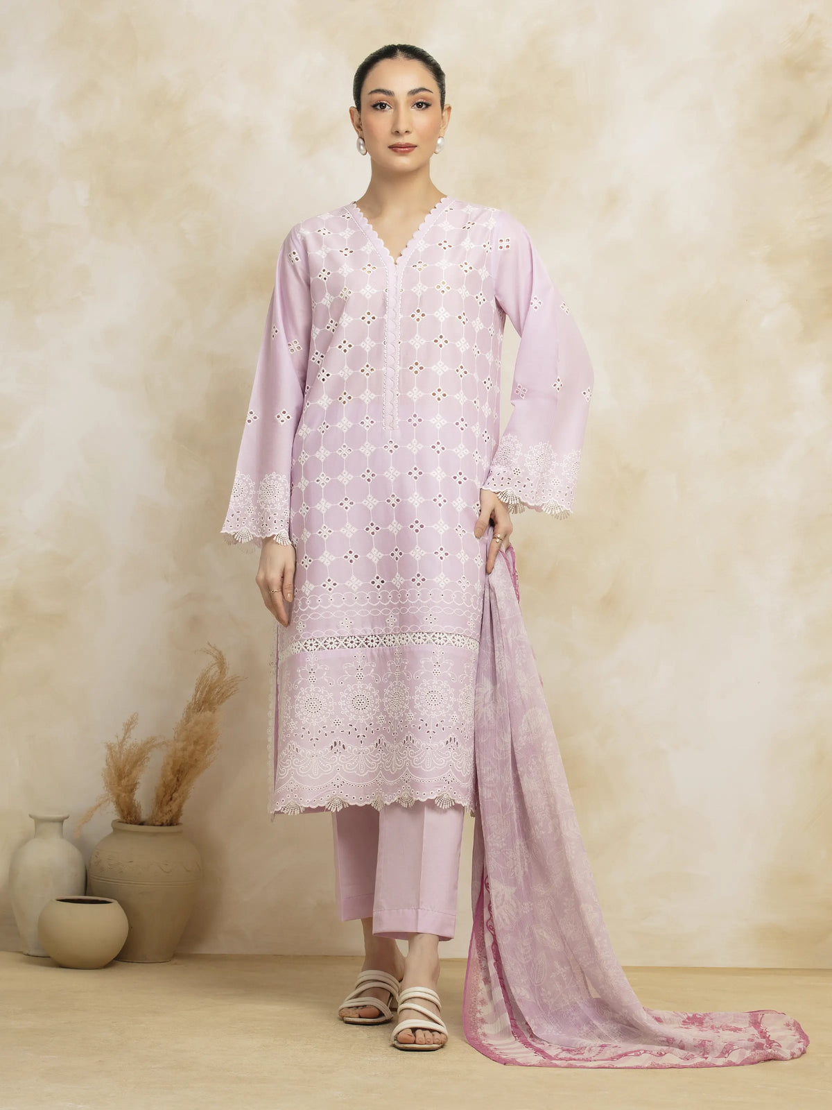 EDENROBE-31027-Unstitched Lilac Embroidered Cambric 3 Piece