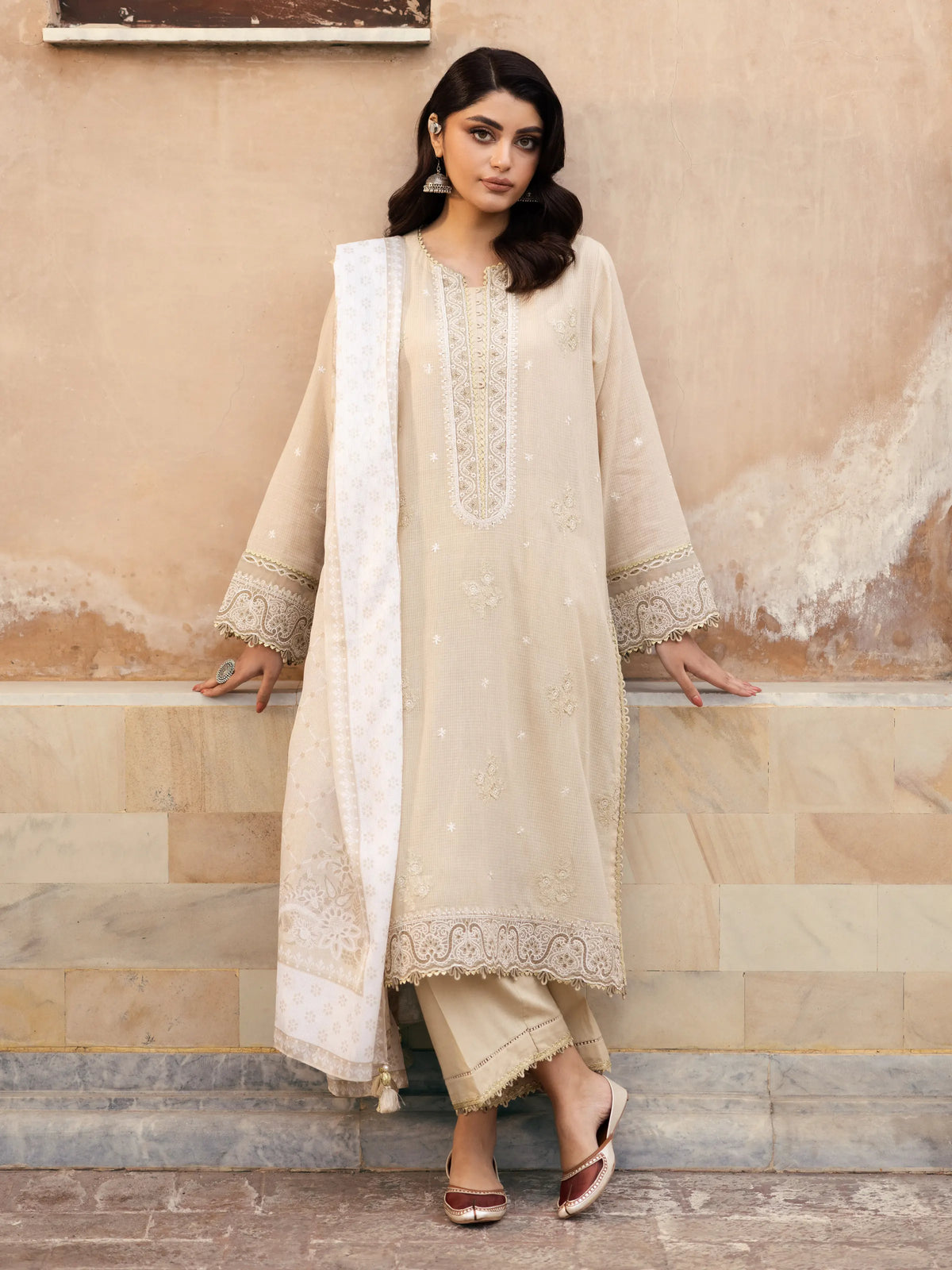 EDENROBE-31249-Unstitched Beige Embroidered Lawn 3 Piece