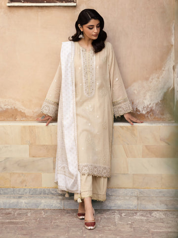 EDENROBE-31249-Unstitched Beige Embroidered Lawn 3 Piece