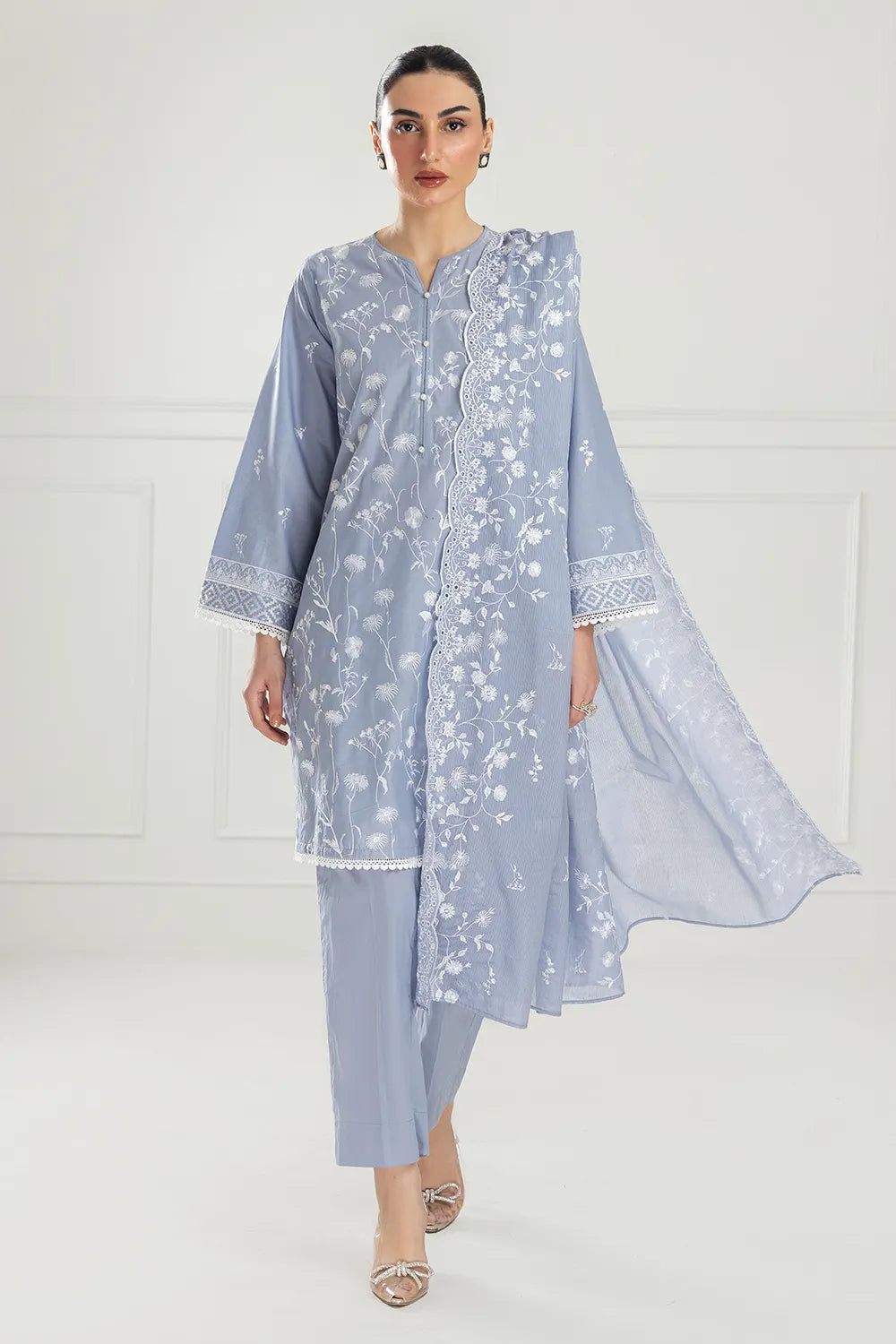 GUL AHMED-3 Piece Unstithed Embroidered Lawn Suit with Embroidered Denting Lawn Dupatta DN-52005