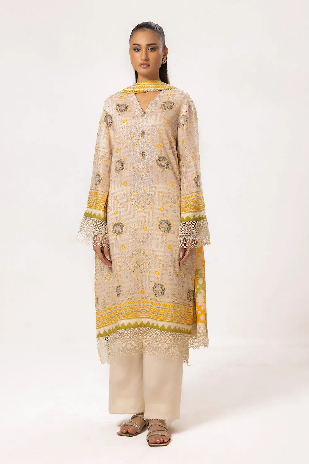GUL AHMED-3 Piece Unstitched Embroidered Silver Printed Lawn Suit with Silver Printed Lawn Dupatta CL-52343
