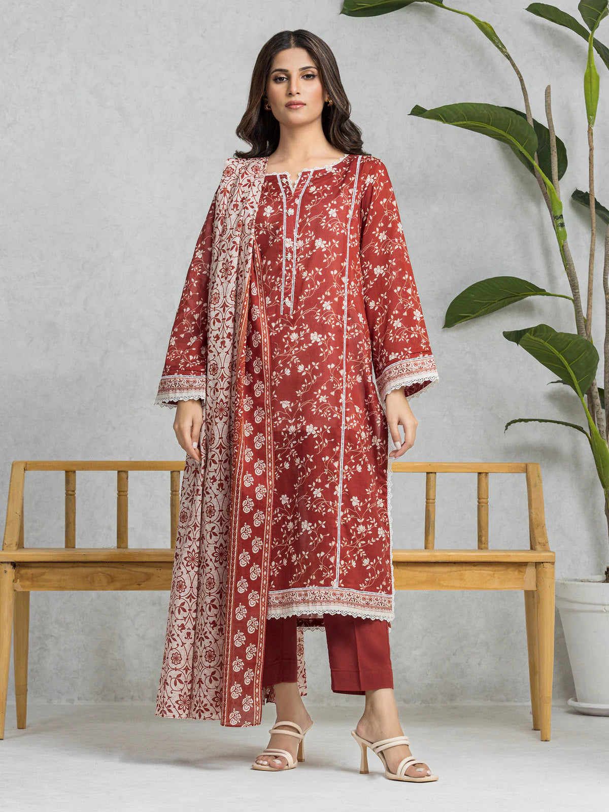 EDENROBE-28581-3P Unstitched Dark Rust Printed Viscose 3 Piece