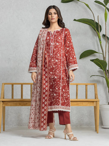 EDENROBE-28581-3P Unstitched Dark Rust Printed Viscose 3 Piece