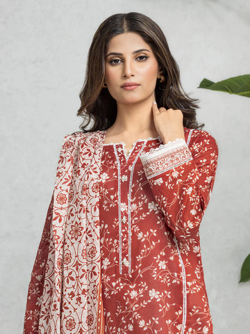 EDENROBE-28581-3P Unstitched Dark Rust Printed Viscose 3 Piece
