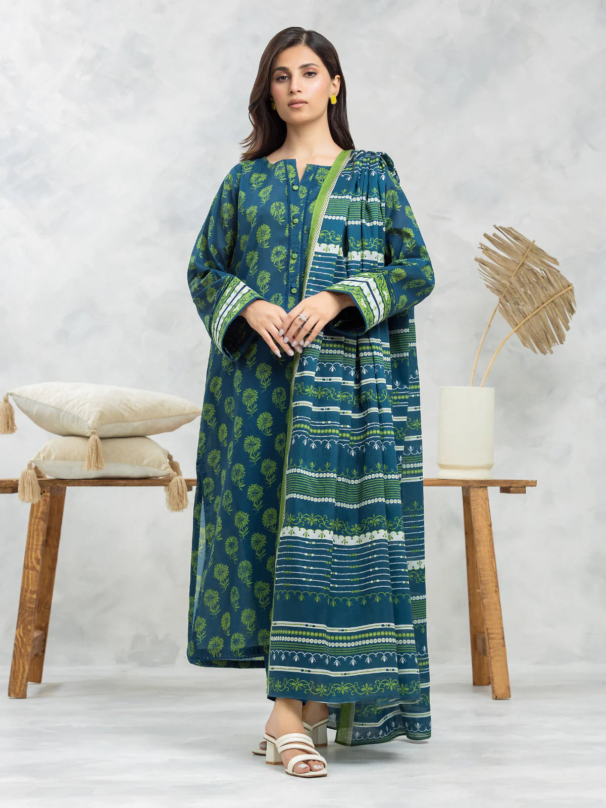 EDENROBE-EWU24A4-29234-3P Unstitched Blue & Green Printed Viscose 3 Piece