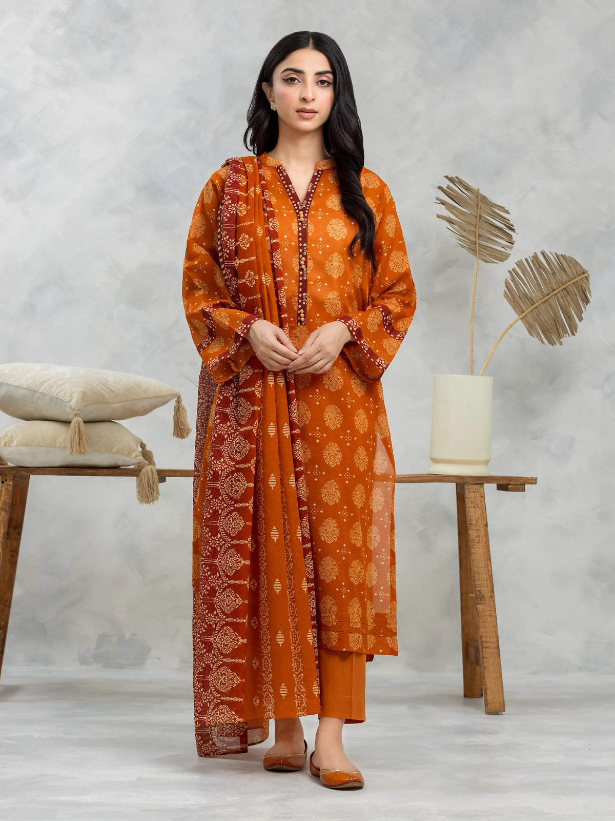 EDENROBE-Unstitched Orange Printed Cambric 3 Piece - EWU24A2-28213-3P