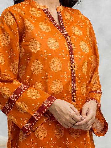 EDENROBE-Unstitched Orange Printed Cambric 3 Piece - EWU24A2-28213-3P