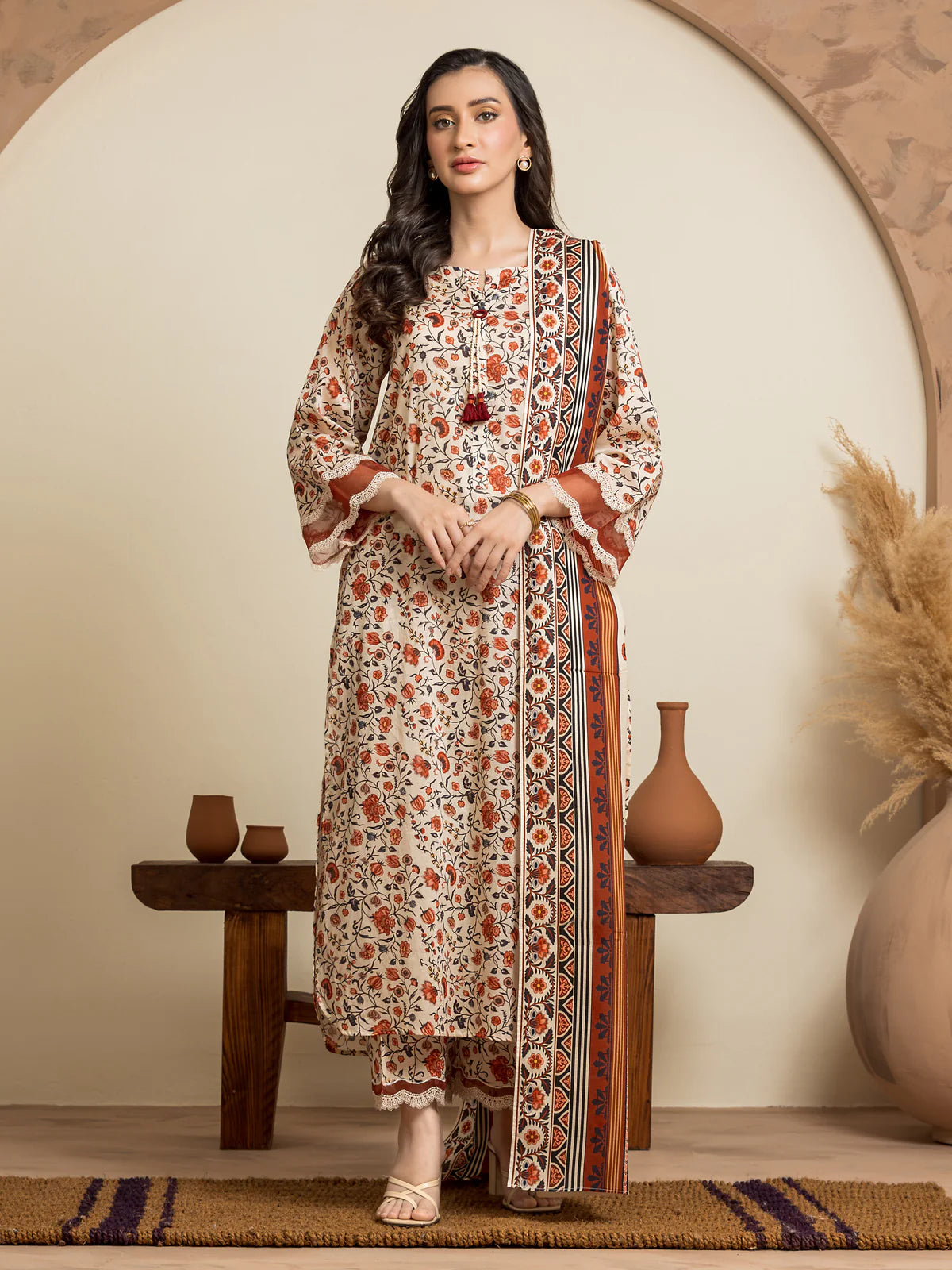 EDENROBE-28493-Unstitched Beige Multi Printed Cambric 3 Piece