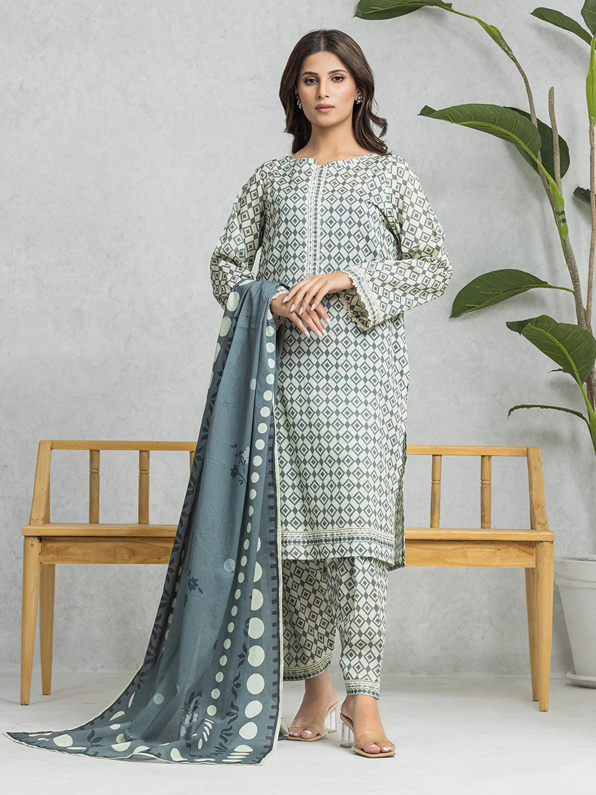 EDENROBE-29005-Unstitched Light Green Printed Cambric 3 Piece