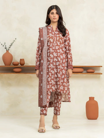 EDENROBE-29025-Unstitched Brown Printed Cambric 3 Piece