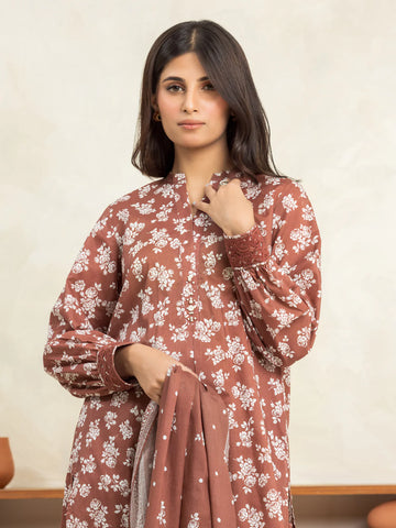EDENROBE-29025-Unstitched Brown Printed Cambric 3 Piece