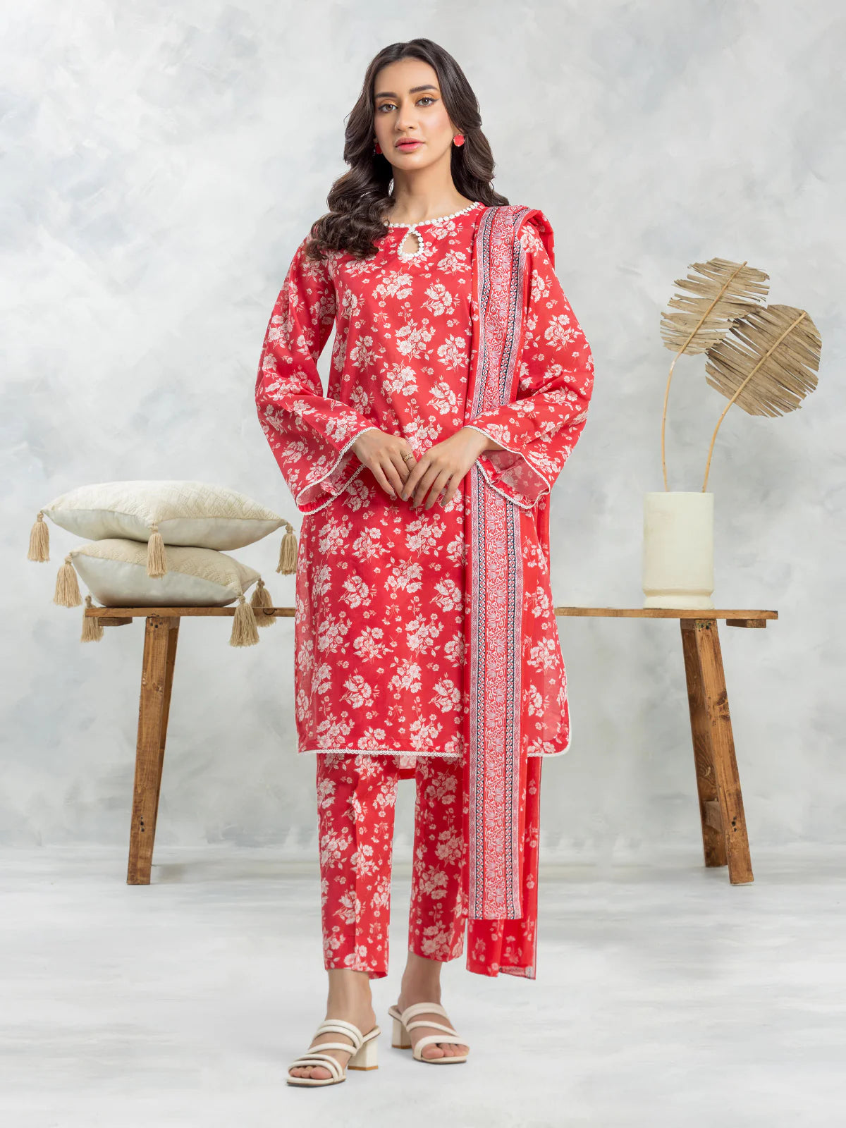 EDENROBE-29034-3P Unstitched Pink Printed Cambric 3 Piece