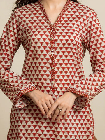 EDENROBE-29035-3P Unstitched Cream & Rust Printed Cambric 3 Piece