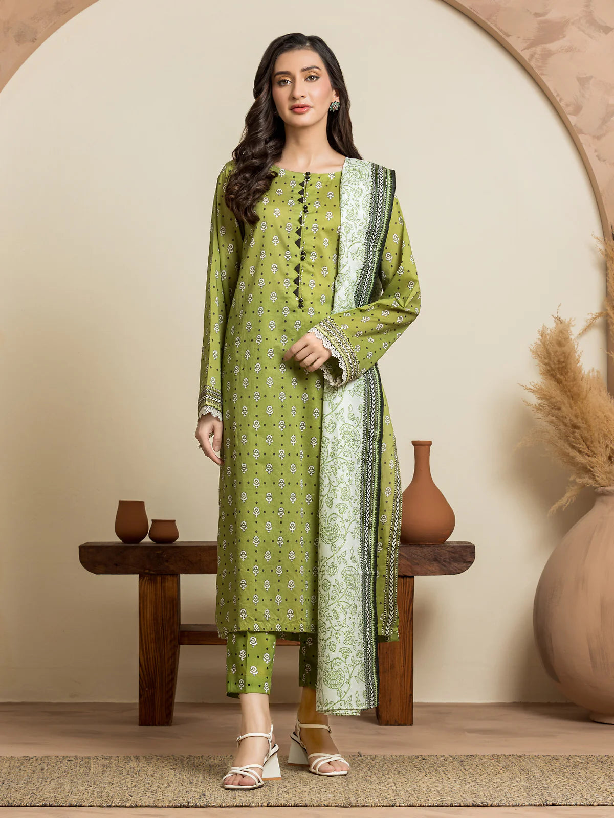 EDENROBE-29238-Unstitched Parrot Green Printed Cambric 3 Piece