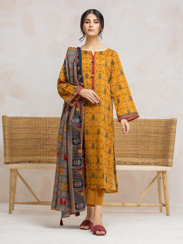 EDENROBE-28012Unstitched Dark Mustard Printed Khaddar 3 Piece-