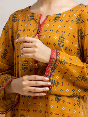 EDENROBE-28012Unstitched Dark Mustard Printed Khaddar 3 Piece-