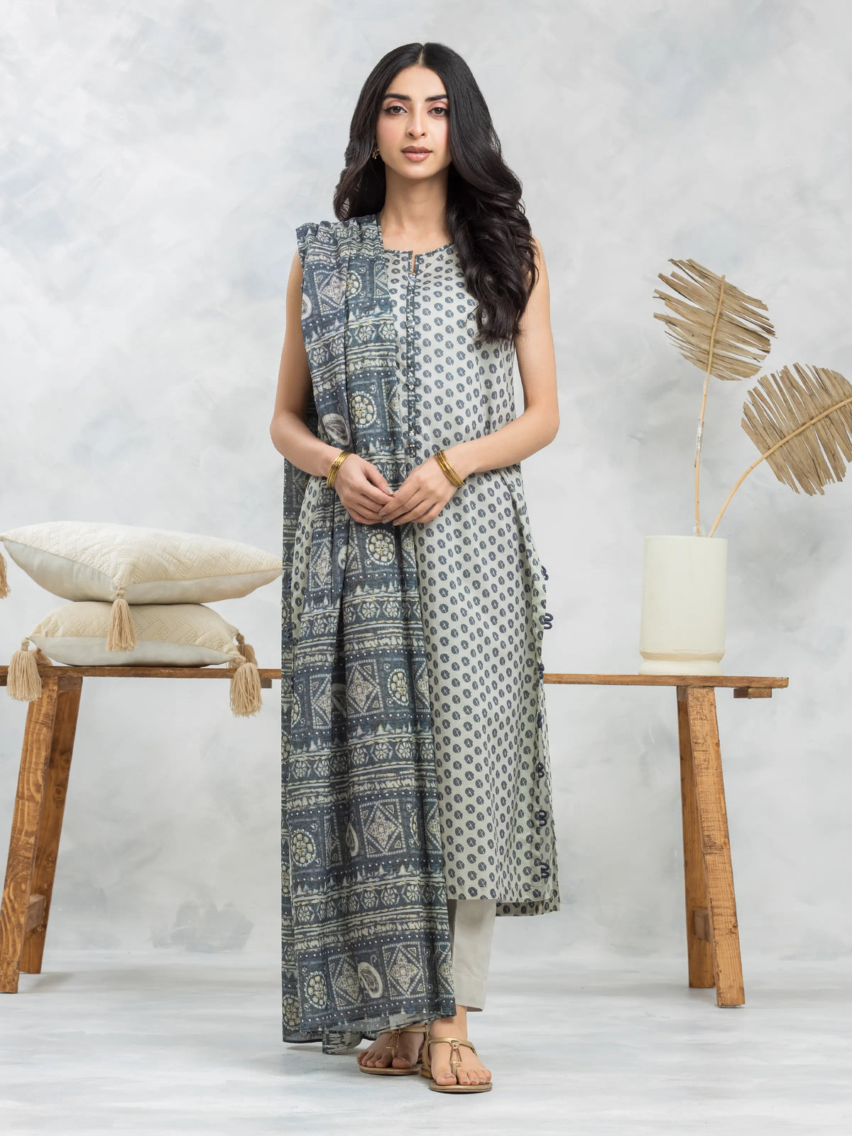 EDENROBE-28092-Unstitched Beige & Grey Printed Khaddar 3 Piece